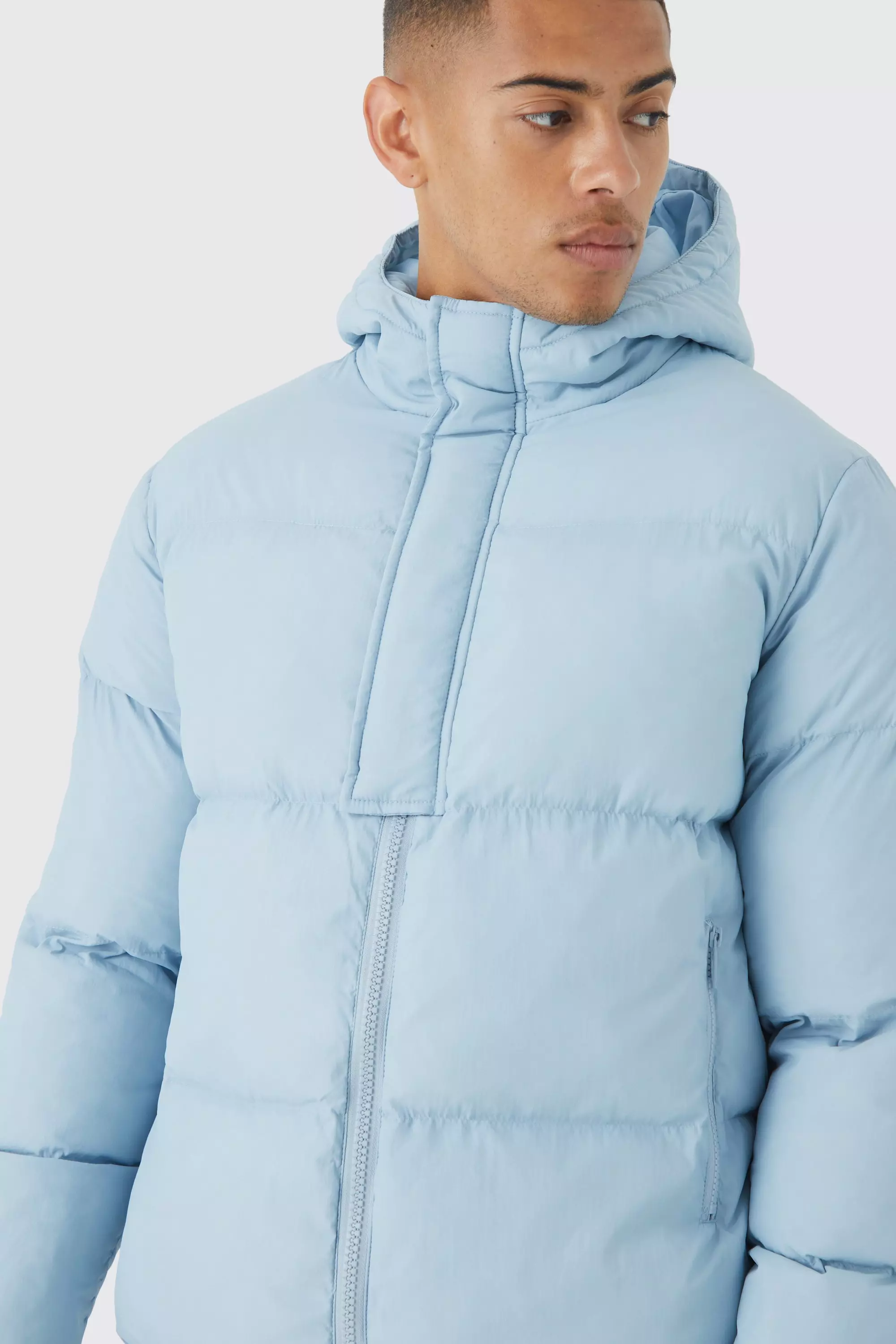 Baby blue puffer jacket with online hood